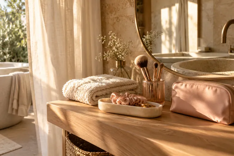 Instant beauté mis en scène par IA : des gestes simples dans un intérieur lumineux.